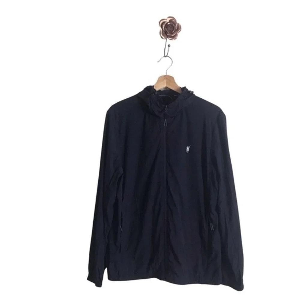 Polo Sport RL‎ Medium Black Performance Full Zip Rain Jacket Hooded Pony Golf